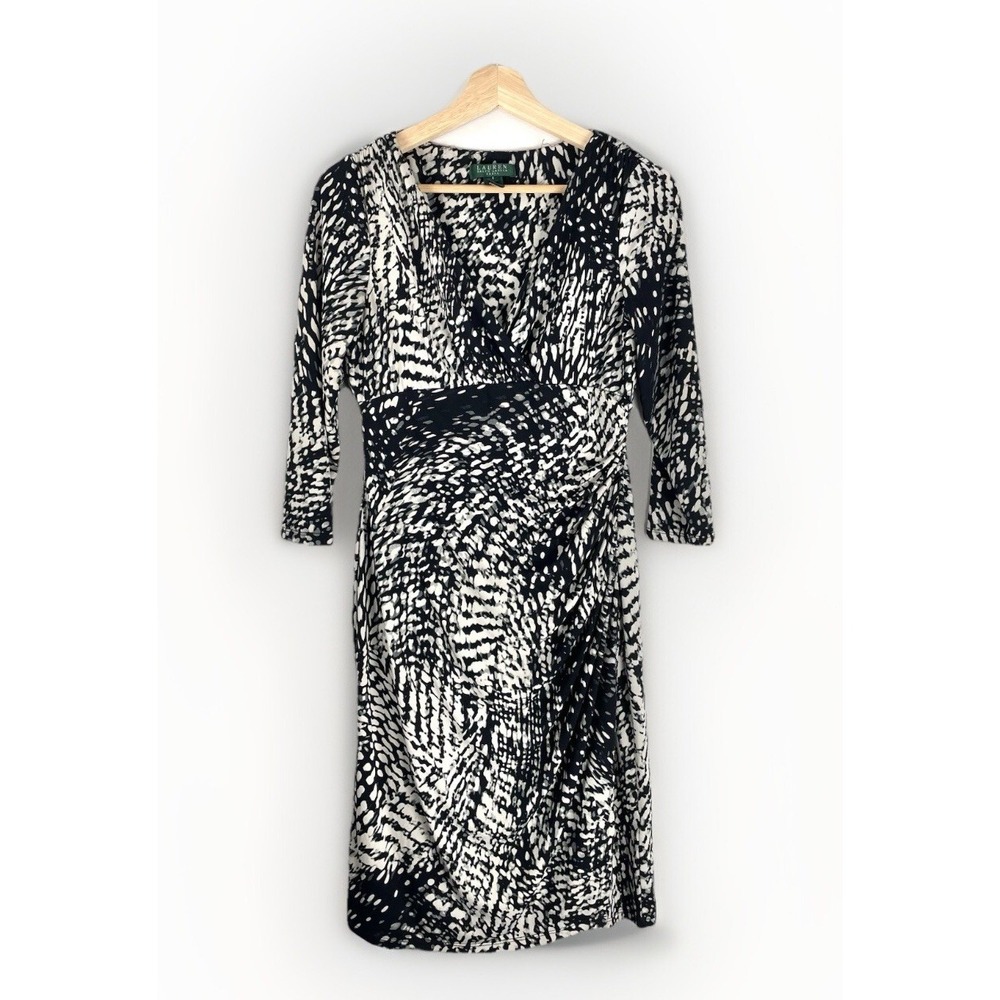 Ralph Lauren Dress Women's V Neck Black & White‎ Business Mid  Sleeve Size 6